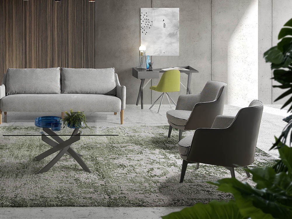 butaca tapizada en textil pata de gallo y polipiel marrón oscuro con pies de acero negro 5011 Harmony de Ángel Cerdá