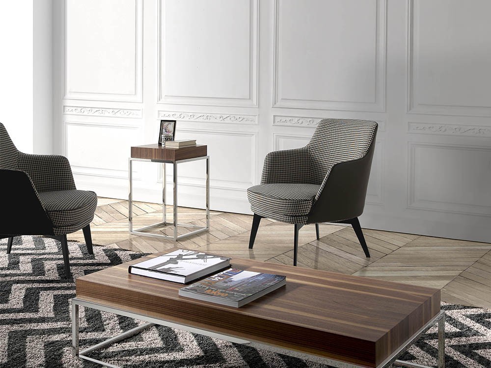 butaca tapizada en textil pata de gallo y polipiel marrón oscuro con pies de acero negro 5011 Harmony de Ángel Cerdá