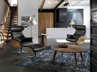 Sillón giratorio relax tapizado en piel 5034 con madera y acero Harmony de Ángel Cerdá