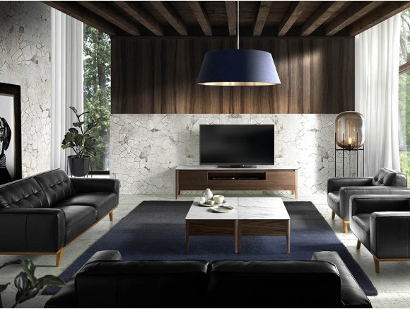 sofá de 2 plazas tapizado en piel negra con base de madera color nogal 6030 Ángel Cerdá Harmony