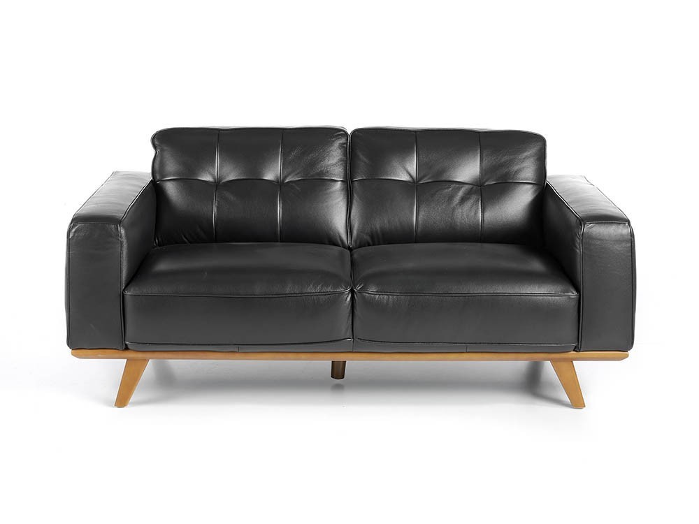 sofá de 2 plazas tapizado en piel negra con base de madera color nogal 6030 Ángel Cerdá Harmony