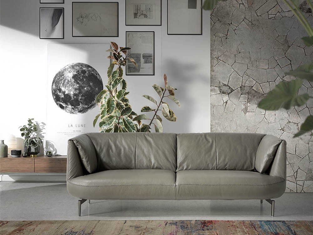 Sofá de 2 plazas en piel gris con patas de acero pulido oscuro 6036 Ángel Cerdá Harmony