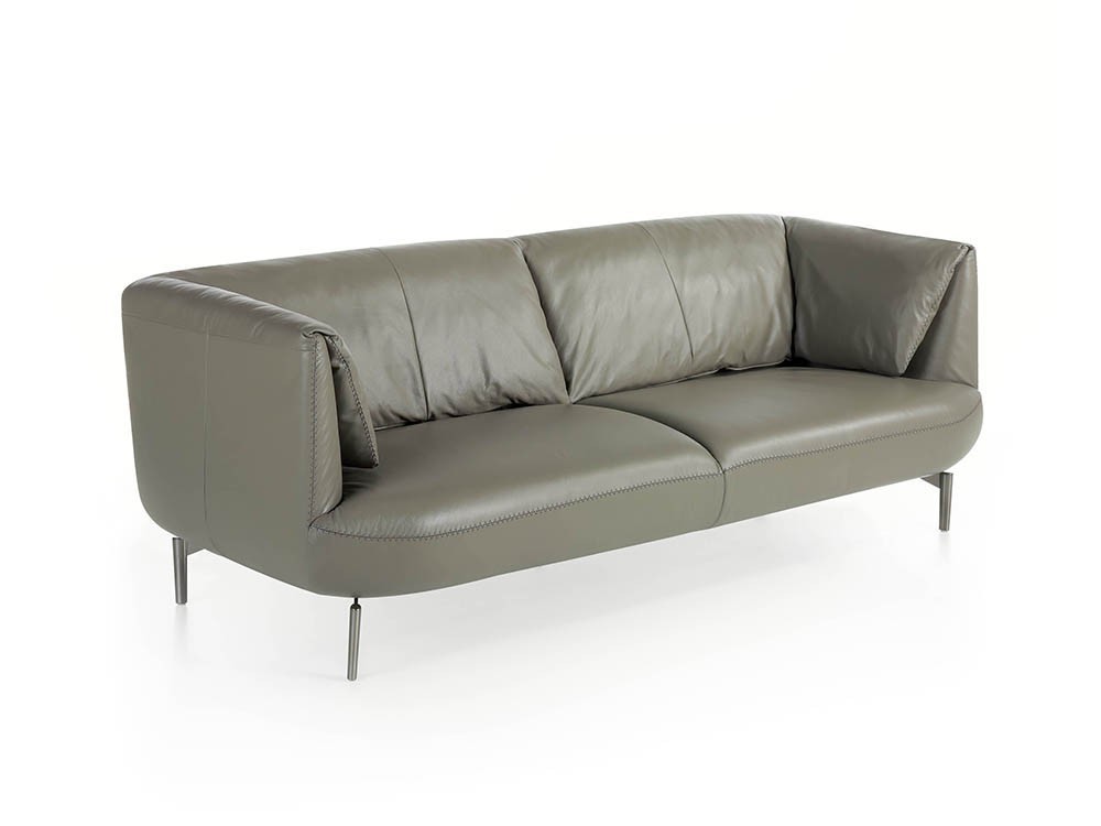 Sofá de 3 plazas en piel gris con patas de acero pulido oscuro 6037 Ángel Cerdá Harmony