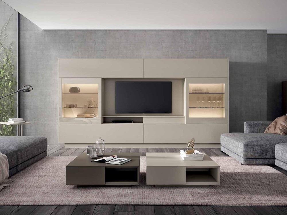 Mueble para salón con dos puertas vitrina correderas y luz led interior Singular