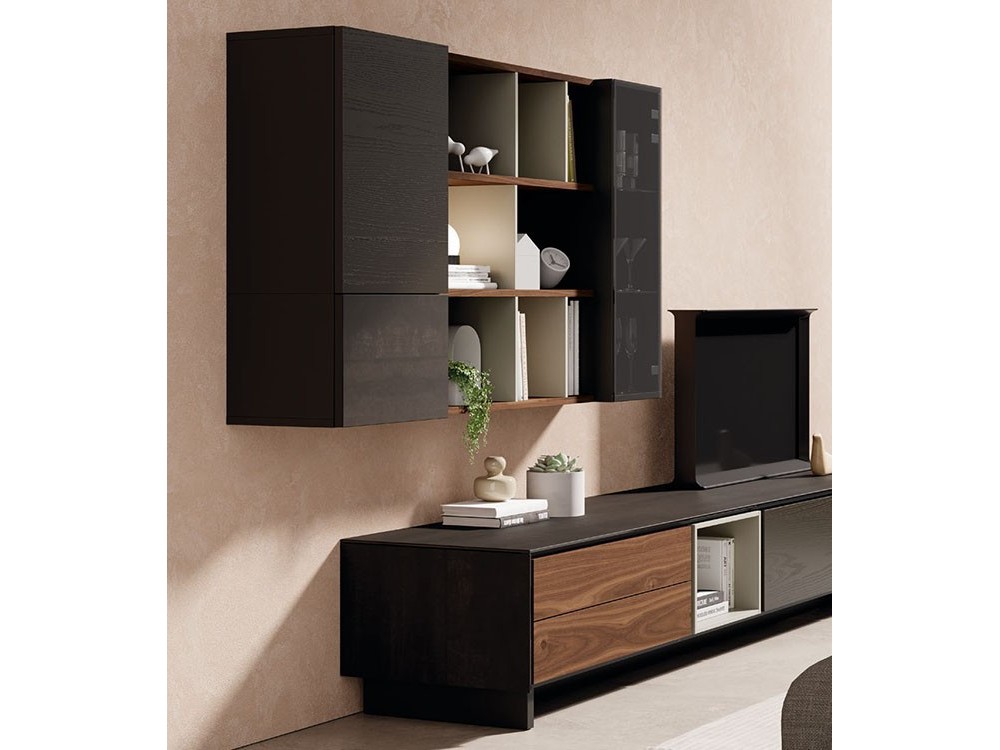 Mueble para salón con estructura cerámica y mueble colgado con estantes y vitrina New Book
