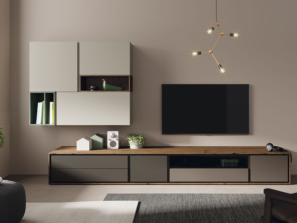 Salón moderno con mueble TV y dos módulos altos horizontales