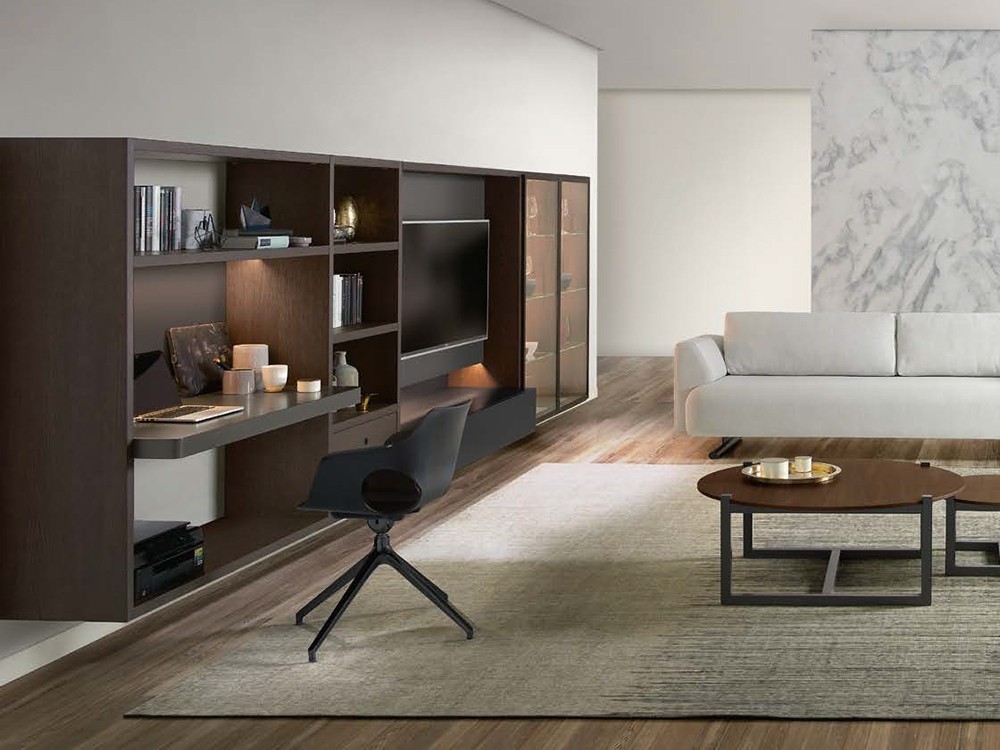 Mueble de salón suspendido con vitrina y zona de trabajo en roble humo Ios Time