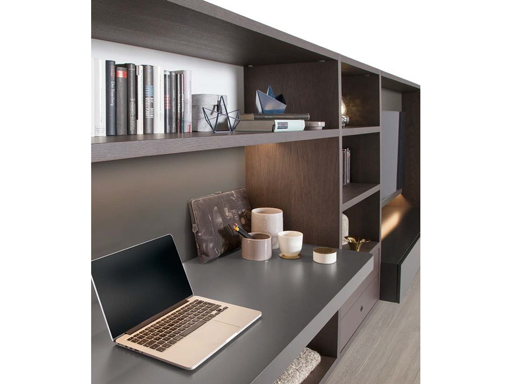 Mueble de salón suspendido con vitrina y zona de trabajo en roble humo Ios Time