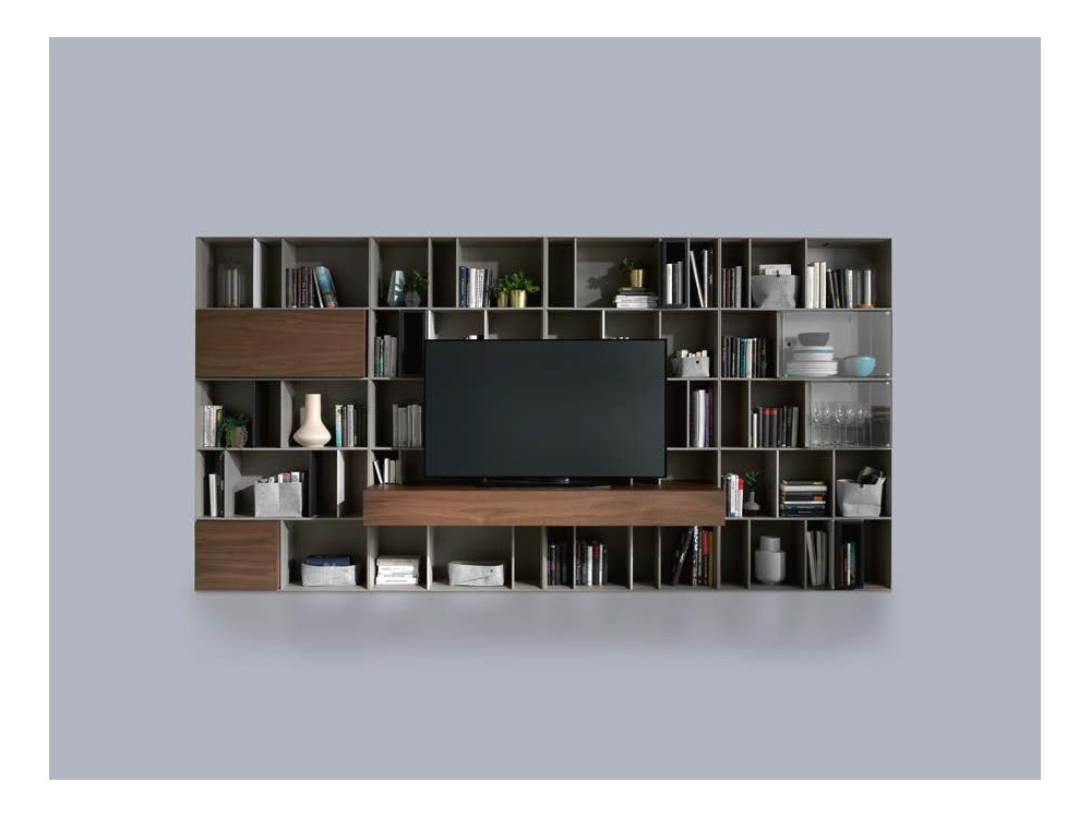 Librería con espacio para la televisión en antracita mate y chapa eucalipto Yoko Time