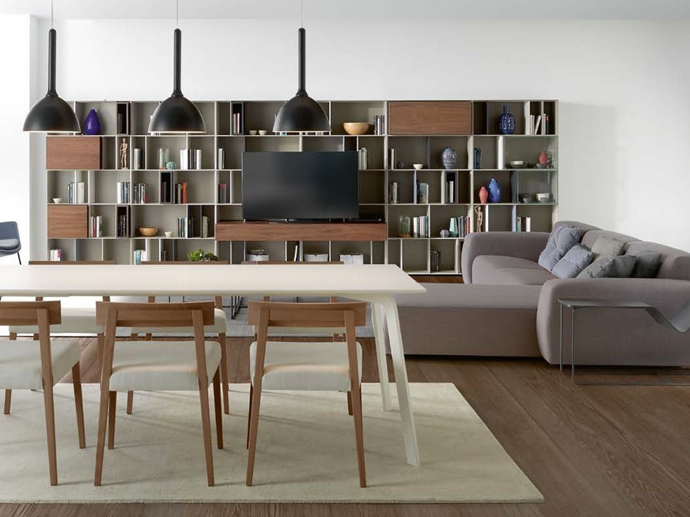 Librería con espacio para la televisión en antracita mate y chapa eucalipto Yoko Time