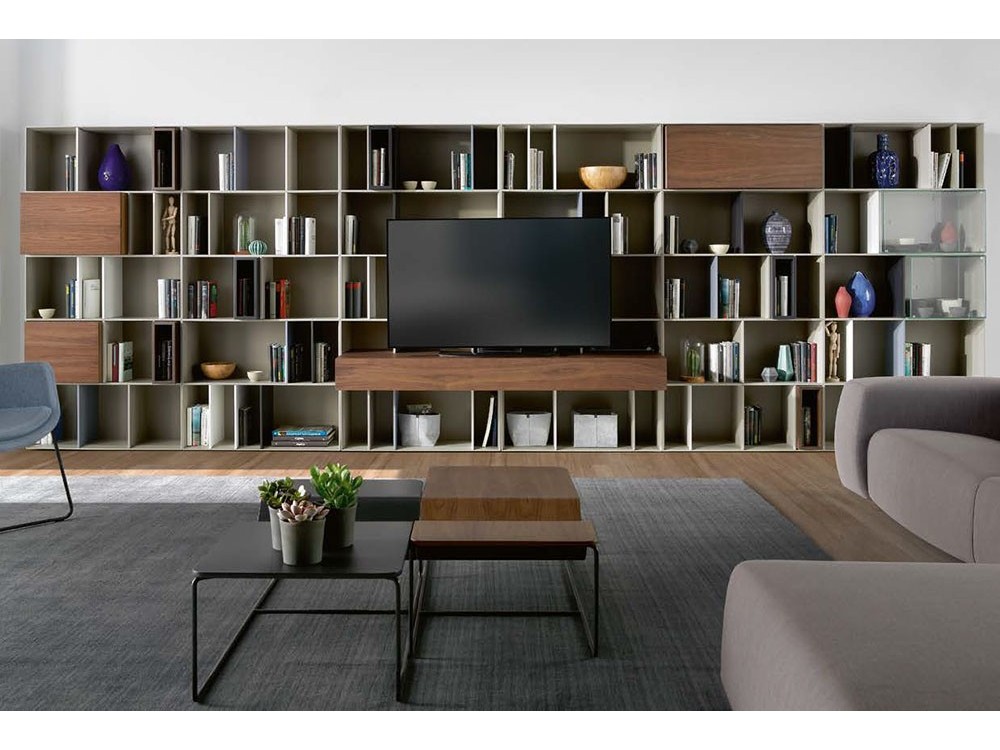 Librería con espacio para la televisión en antracita mate y chapa eucalipto Yoko Time