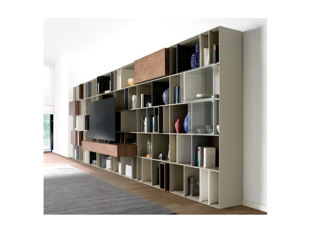 Librería con espacio para la televisión en antracita mate y chapa eucalipto Yoko Time