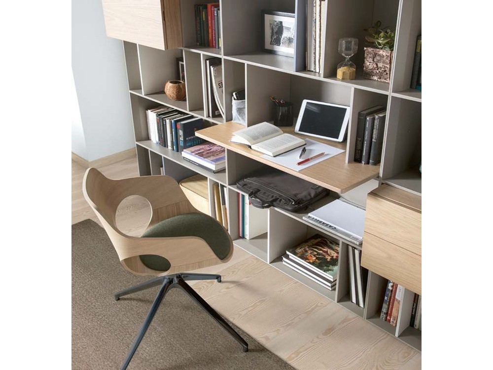 Librería con escritorio incorporado lacada en blanco mate con chapa roble claro Yoko Time