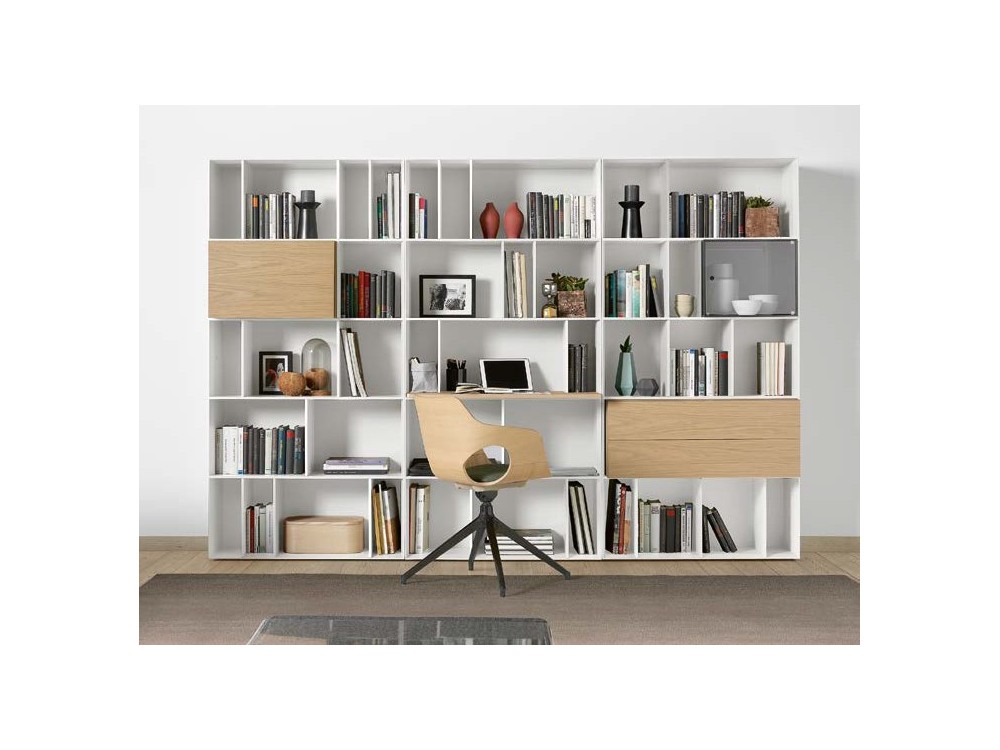 Librería con escritorio incorporado lacada en blanco mate con chapa roble claro Yoko Time