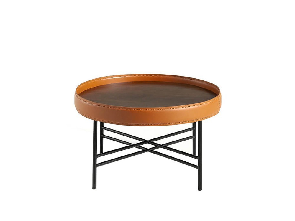 Mesa de centro de nogal con aro de cuero y pies de acero 2058 de Ángel Cerdá