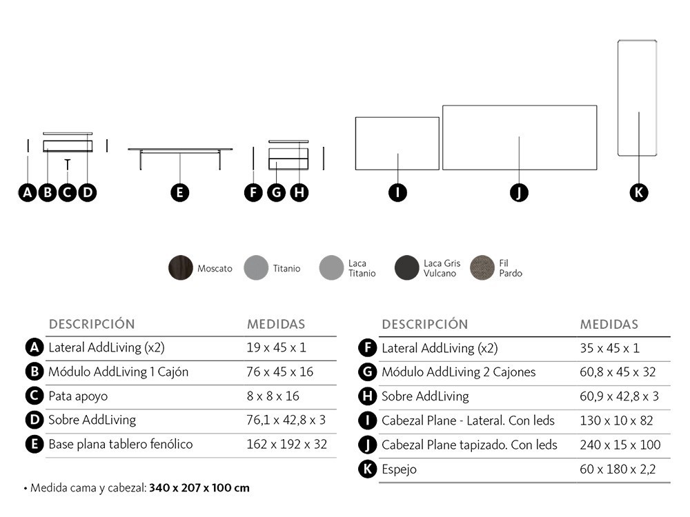 Dormitorio con cabecero modelo Plane tapizado en Fill pardo con lateral en moscato