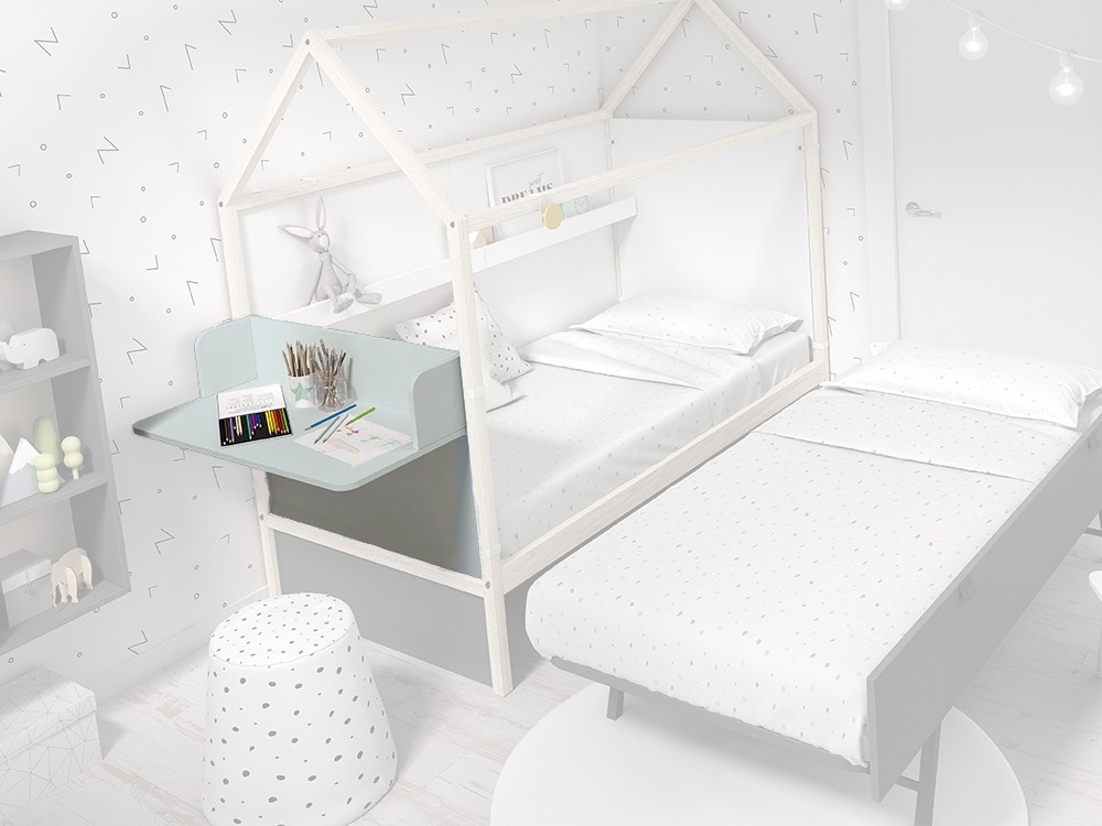 Panel cabecero con escritorio para cama casita color celeste