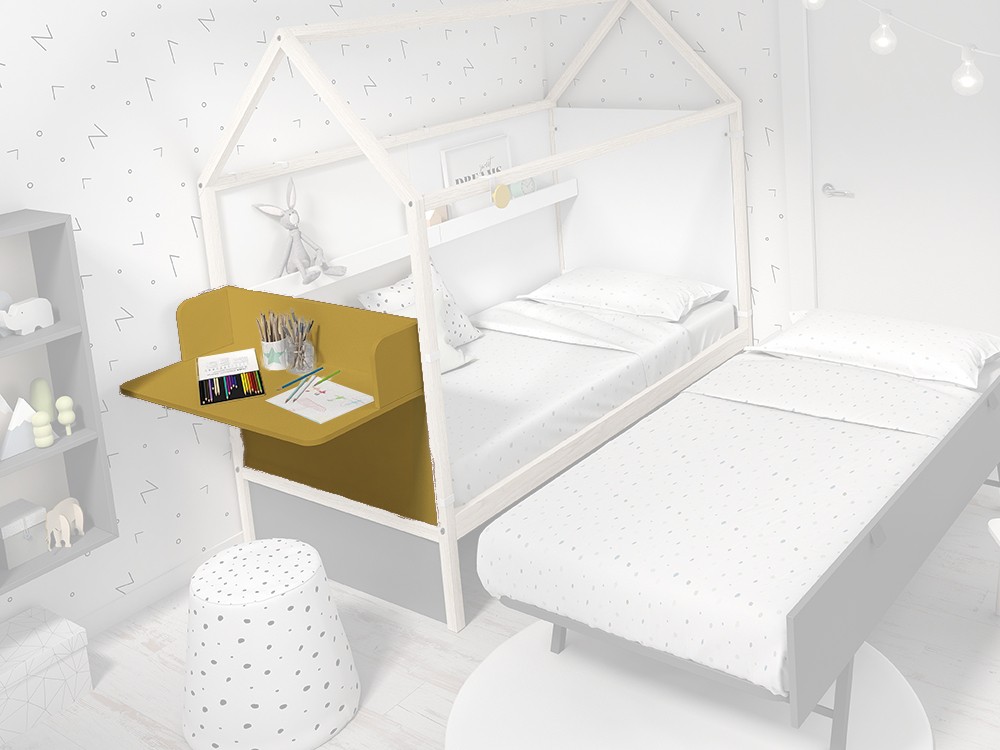 Panel cabecero con escritorio para cama casita color curry