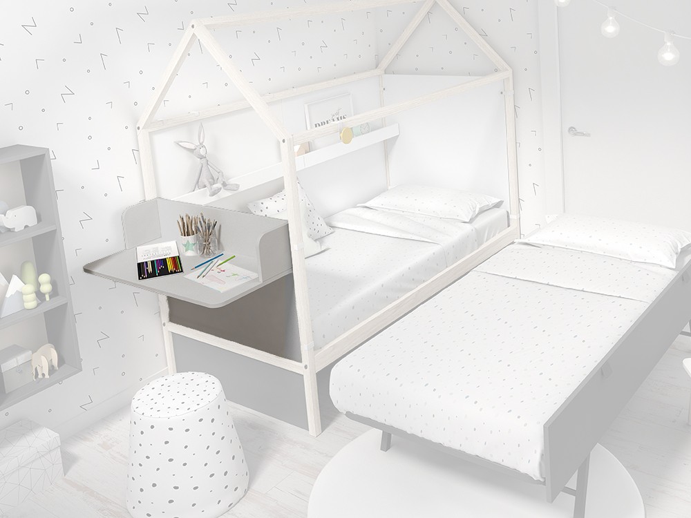 Panel cabecero con escritorio para cama casita color gris perla