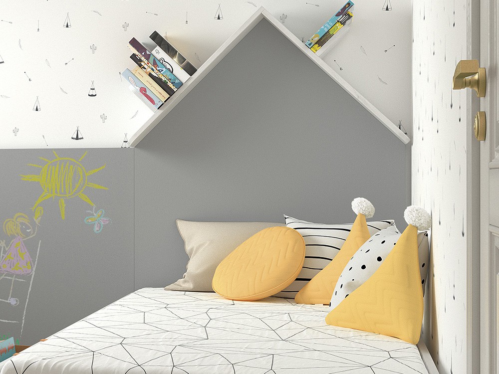 Cojín triangular zig-zag con pompón ocre