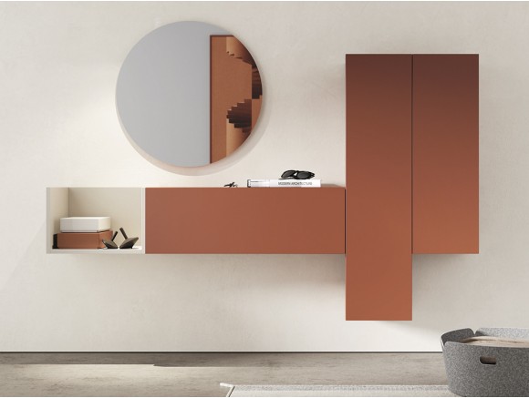 Composición de mueble recibidor suspendido con módulos verticales y horizontales en acabado teja con o sin espejo Vive