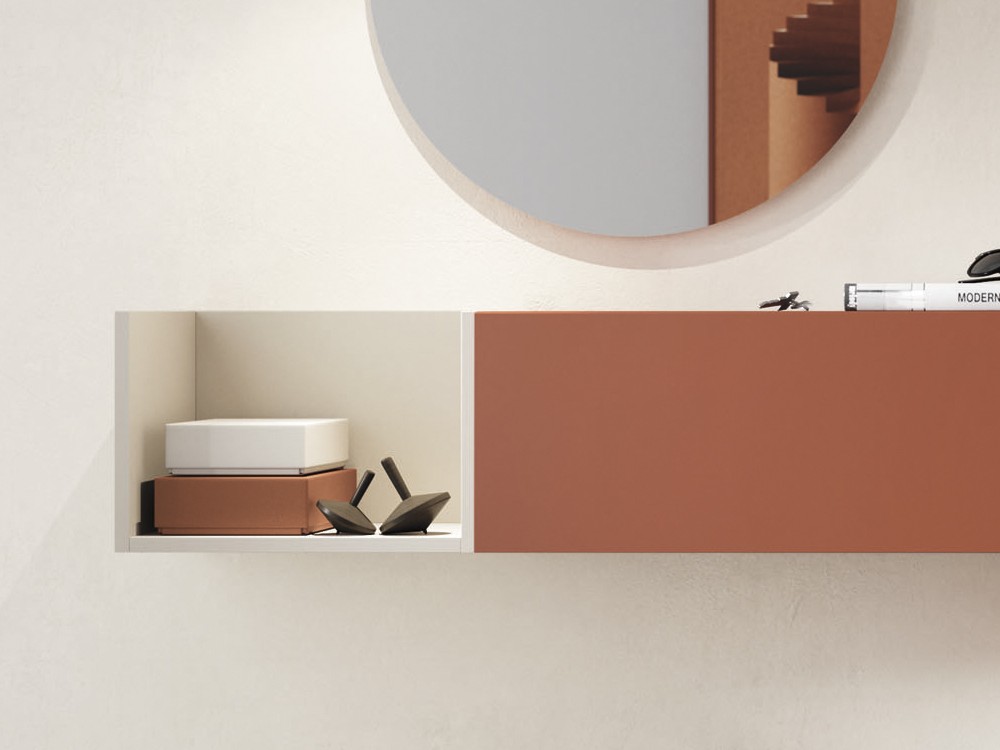 Composición de mueble recibidor suspendido con módulos verticales y horizontales en acabado teja con o sin espejo Vive