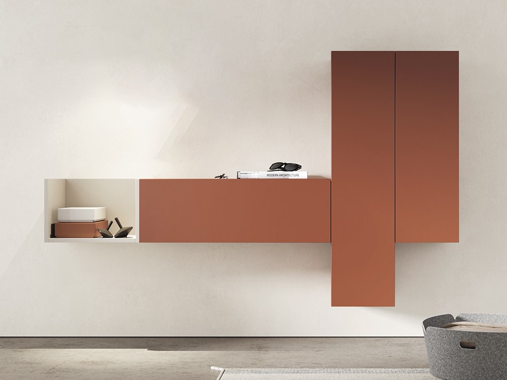 Composición de mueble recibidor suspendido con módulos verticales y horizontales en acabado teja con o sin espejo Vive