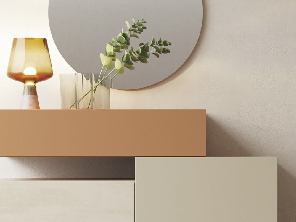 Recibidor suspendido en composición geométrica con frente en acabado cerámico y dos espejos opcionales de Vive