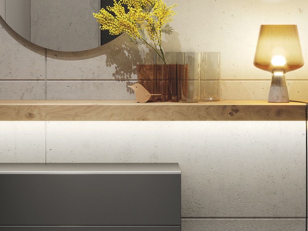 mueble para recibidor con estante flotante con luces led y  módulo suspendido con cajones Vive