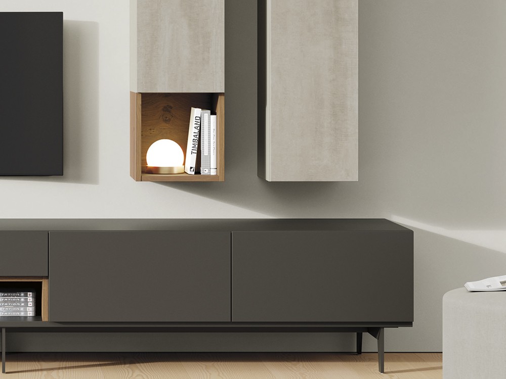 Composición para salón con mueble bajo y dos módulos verticales con puertas cerámicas Vive