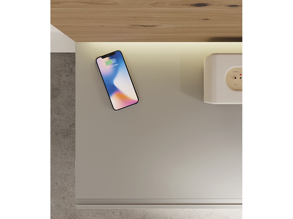 mueble suspendido para salón con panel trasero y cargador para móvil Vive