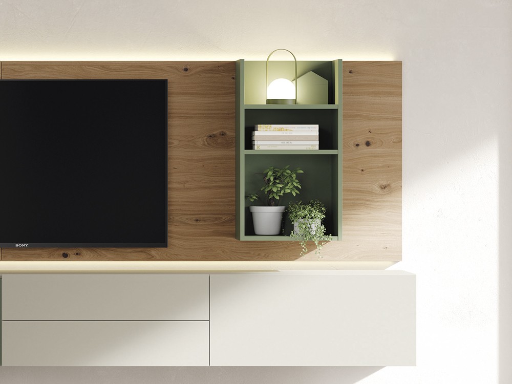 mueble suspendido para salón con panel trasero y cargador para móvil Vive