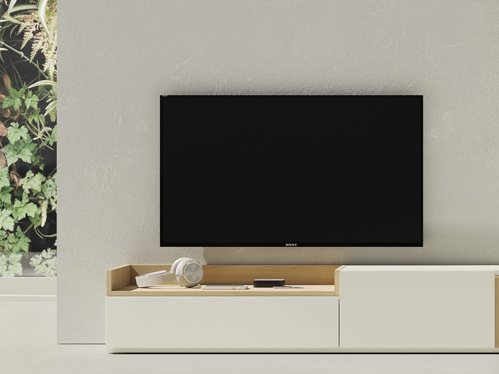 Composición de salón con mueble bajo y galerías abiertas on vive