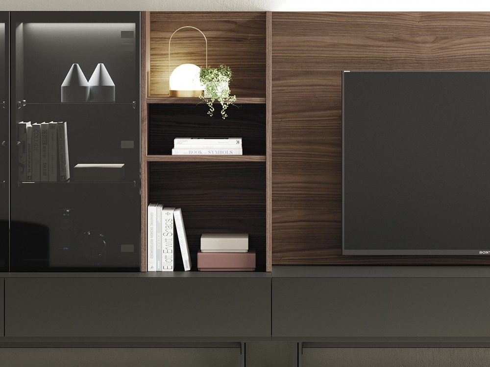 Composición para salón con panel tv trasero y vitrina On Vive