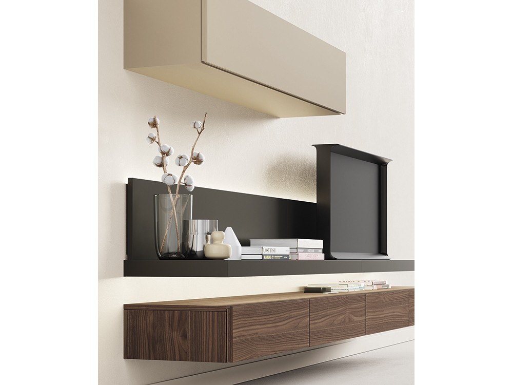 Composición para salón con mueble bajo suspendido en chapa natural y galerías on de vive