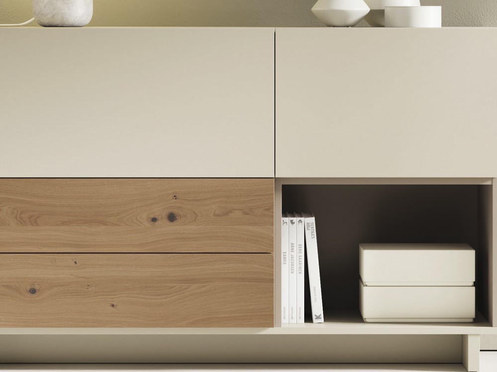 aparador alto con dos puertas y dos cajones en laca lino y chapa roble on de vive