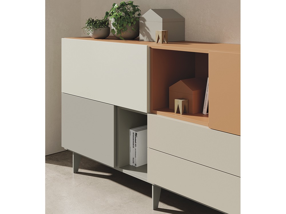 aparador alto con tres puertas, dos cajones y patas de metal on de vive