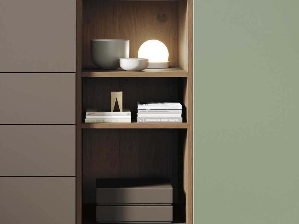 aparador alto con estantes abiertos, dos puertas (una abatible) y tres cajones on de vive