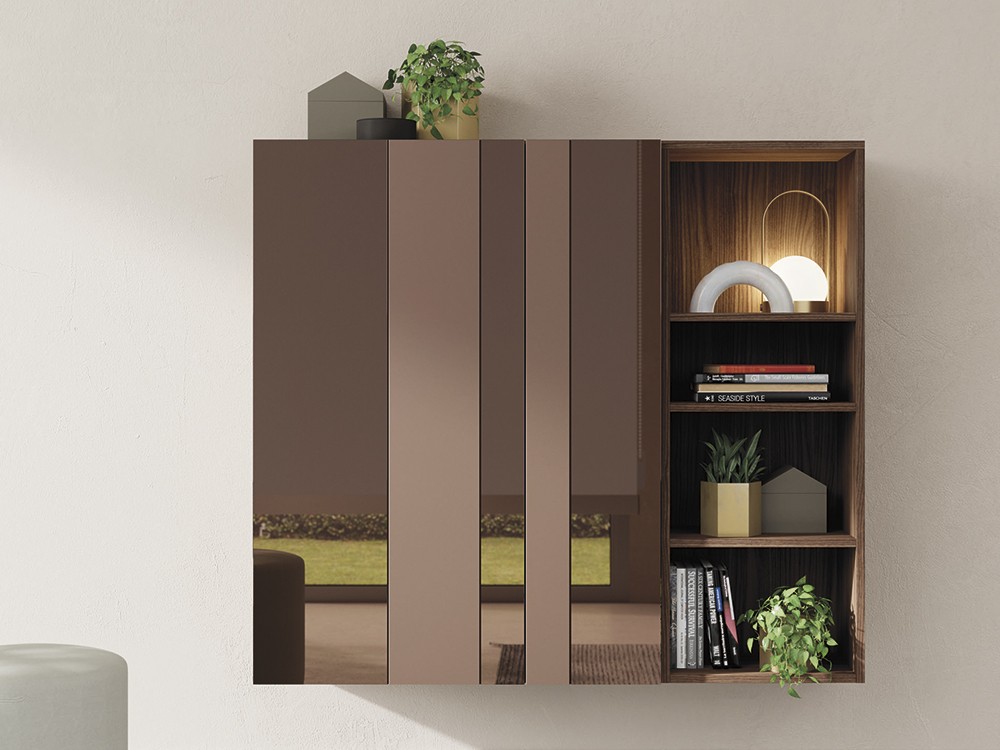 aparador suspendido con dos puertas líneas en espejo bronce brillo y mate on de vive