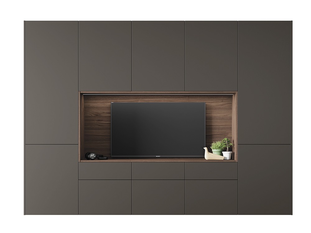 boiserie con espacio para la televisión lacada en taiga mate con chapa de nogal on de vive