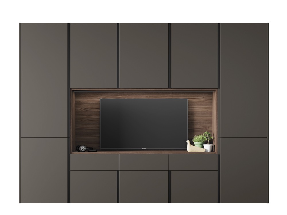 boiserie con espacio para la televisión lacada en taiga mate con chapa de nogal on de vive