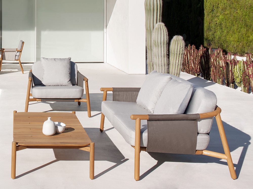 Sofá de dos o tres plazas para salón exterior de madera de teca y batyline Hamp de Point - 6