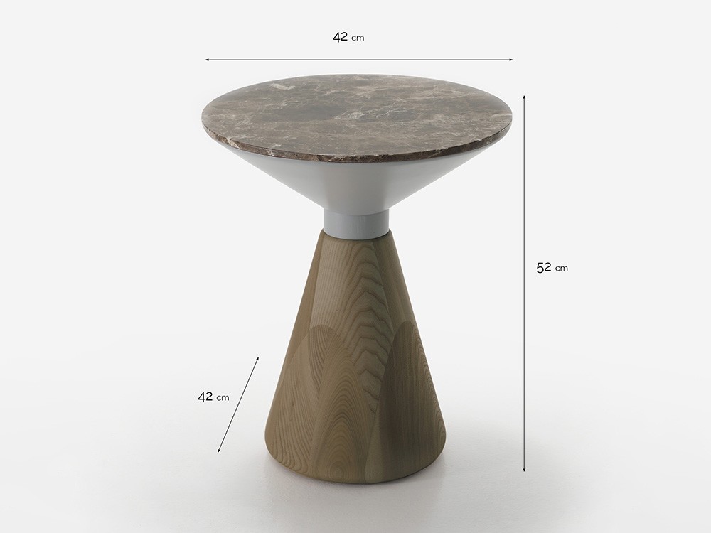 Medidas de la mesa Olia mármol de Beltá Frajumar con sobre de mármo marrón imperial y base nogal