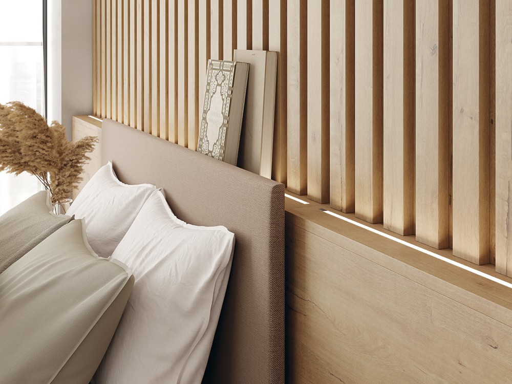 Dormitorio con cabecero Set tapizado y panel Strip Next jotajotape - 2