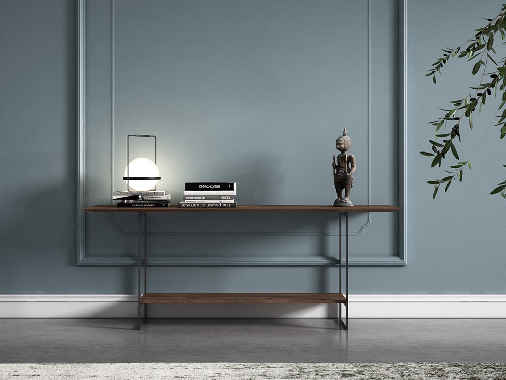 Consola con tapa y estante en acabado Roble y pies de metal