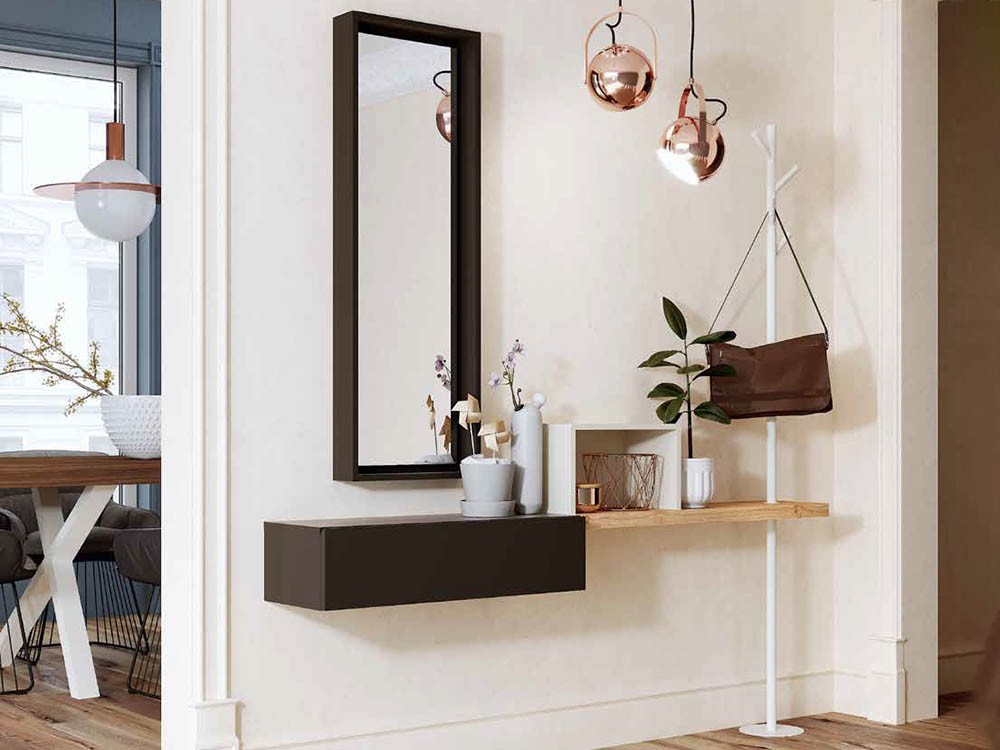 Mueble recibidor con dos espejos cuadrados y panel decorativo
