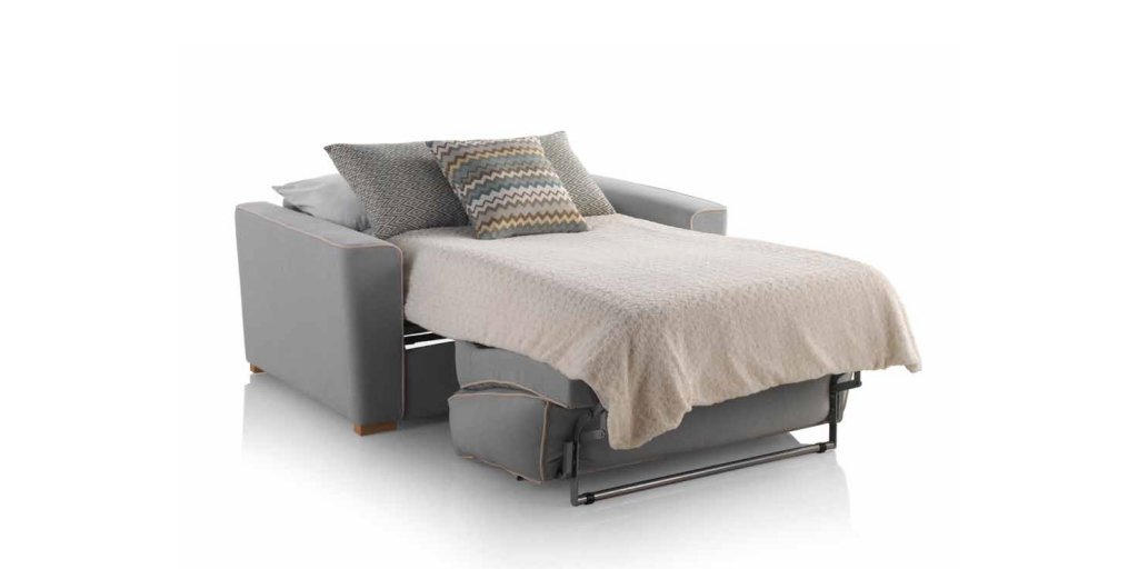 Sofá cama individual con apertura italiana tapizado en textil modelo Gales disponible en Mobel 6000, tu tienda de muebles de calidad en Madrid